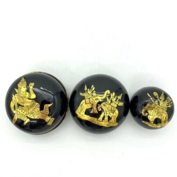 Burmese Lacquerware Gold Accented Trinket Boxes Set Of 3 - Picture 10 of 12
